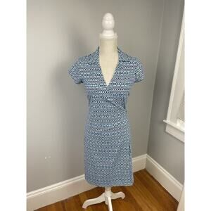 J. McLaughlin Short Sleeve Wrap Dress Collar Tie Size XS Blue Geo Print